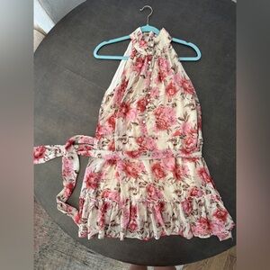 Hello Molly floral pink and cream, high neck dress with pearl detail & tie waist